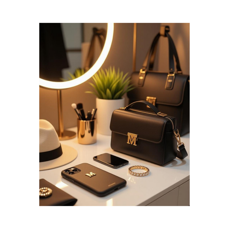Trendy vanity with custom accessories (phone case, bag, jewelry), branded with M2M Global, LLC