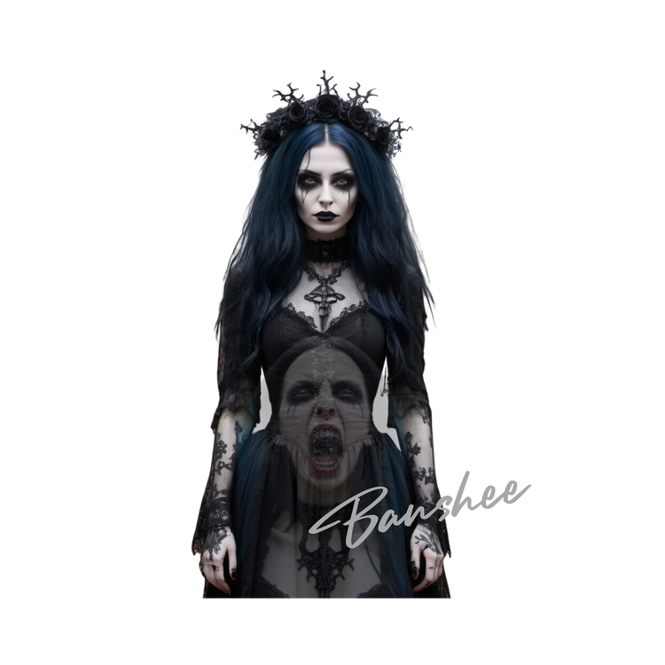 A calm gothic banshee dressed in black with a screaming image around her stomach
