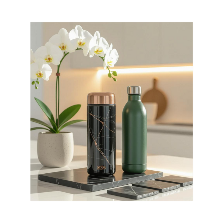 Sleek kitchen counter with a custom thermos, water bottle, and mug, branded with M2M Global, LLC