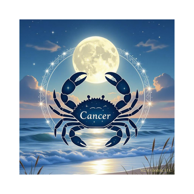 Serene coastal twilight with Cancer design and glowing moon, branded with M2M Global, LLC