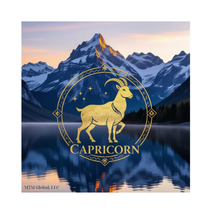 Majestic mountain sunrise with Capricorn design and snow peaks, branded with M2M Global, LLC