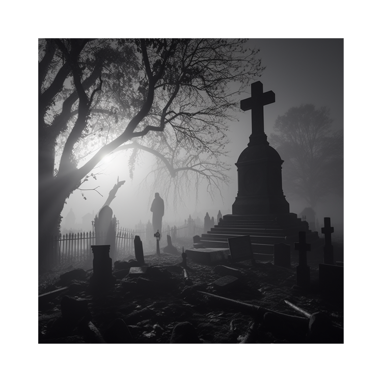 Dark and eerie night in a cemetery with a shadowy figure looming in the background