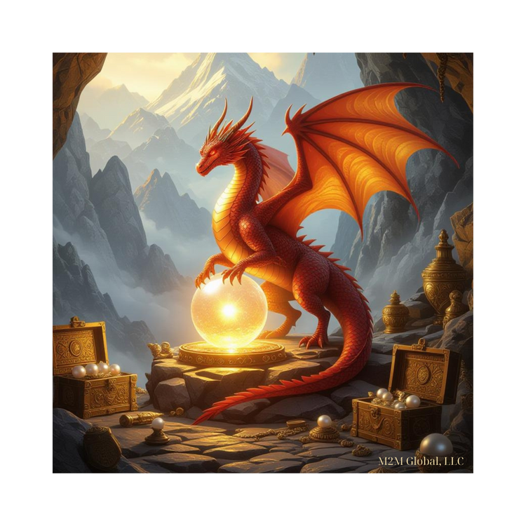 Mystical mountain cave with dragon design and treasures, branded with M2M Global, LLC