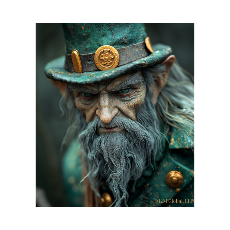 Lush Irish countryside with leprechaun design and pot of gold, branded with M2M Global, LLC