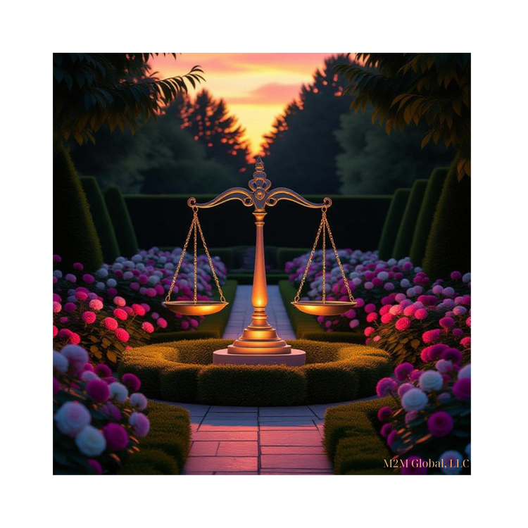 Serene garden twilight with Libra design and symmetrical flowers, branded with M2M Global, LLC