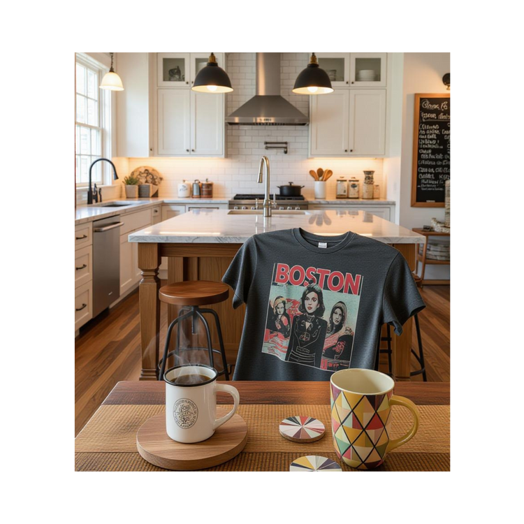 Classic kitchen with white cabinets and pale wood countertops with a t-shirt over the back of a chair and coffee mugs in the foreground
