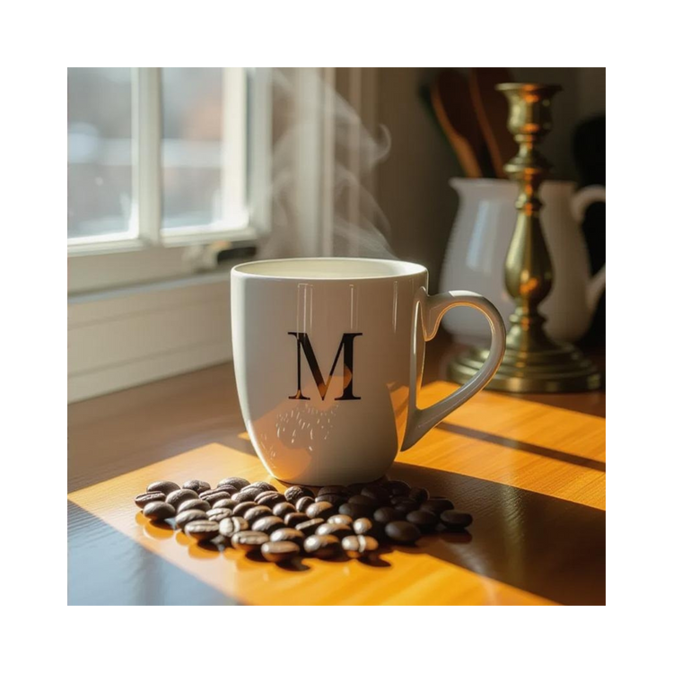Cozy kitchen nook with a custom-designed mug and coffee beans, branded with M2M Global, LLC