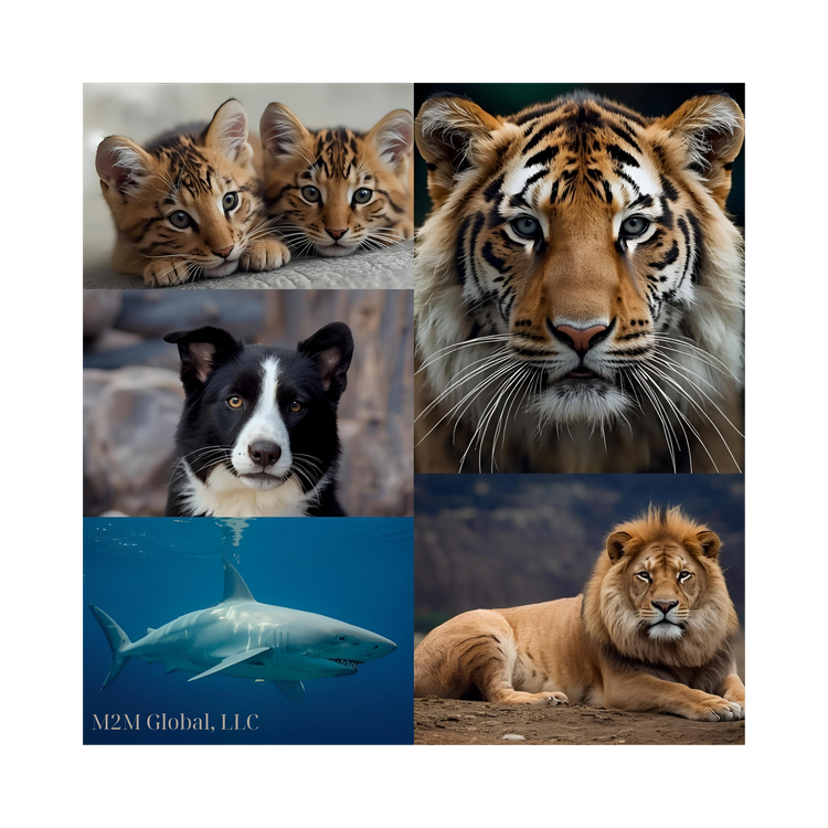 A collage of baby kittens, Tigers eyes, Border collie sitting, a great white in open water, and a male lion resting