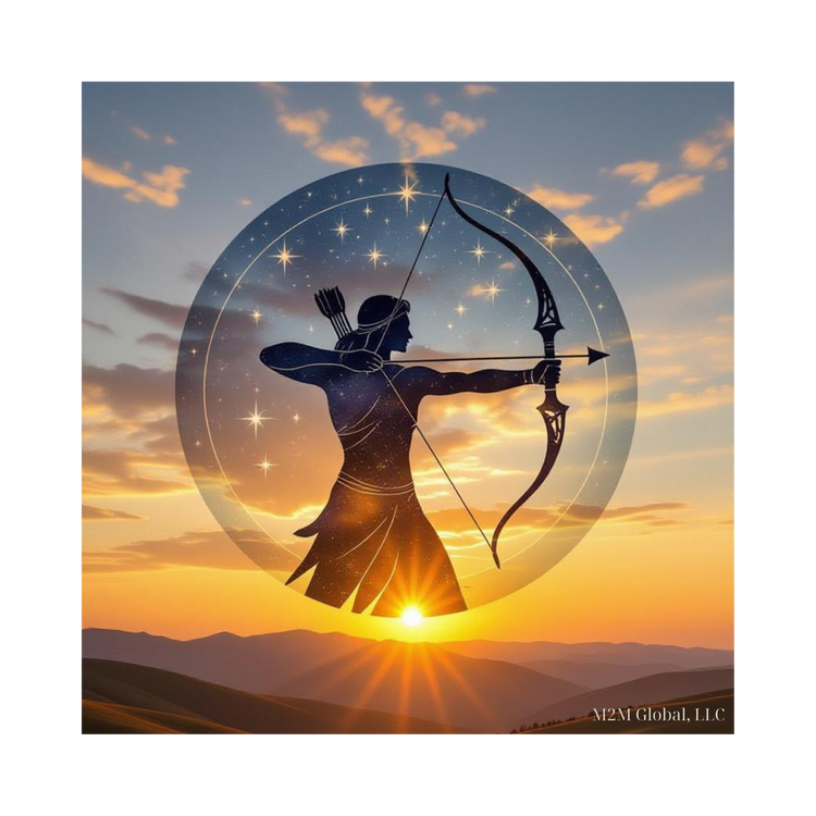 Vast wilderness sunrise with Sagittarius design and golden hills, branded with M2M Global, LLC