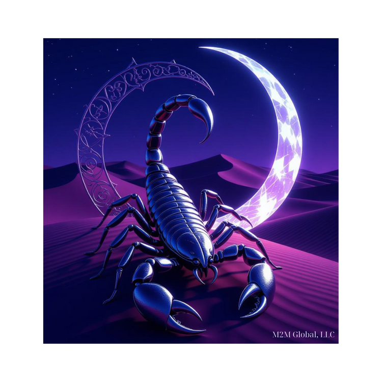 Dramatic desert oasis with Scorpio design and crescent moon, branded with M2M Global, LLC