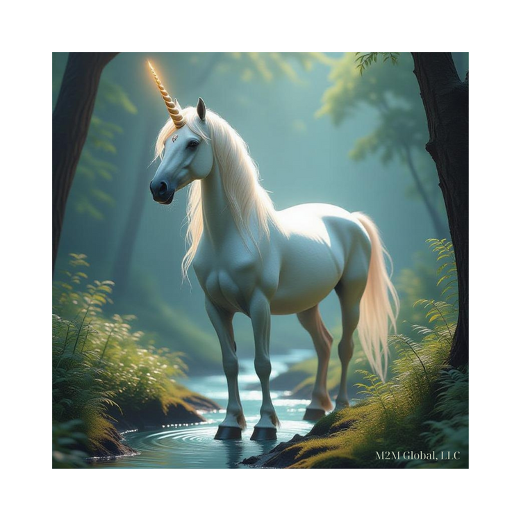 Mystical forest with unicorn design and shimmering stream, branded with M2M Global, LLC
