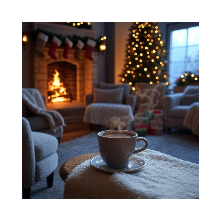 A warm and cozy scene inside a living room with a hot cup of hot chocolate in the foreground on the table and blanket with a fireplace and Christmas tree in the back