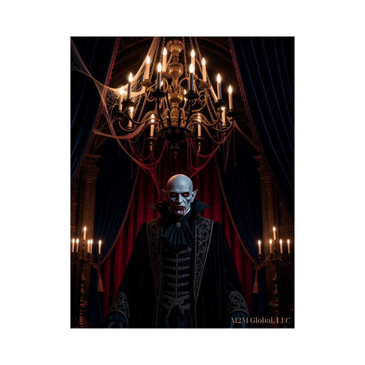 Haunting gothic castle with vampire design, candles, and cobwebs, branded with M2M Global, LLC