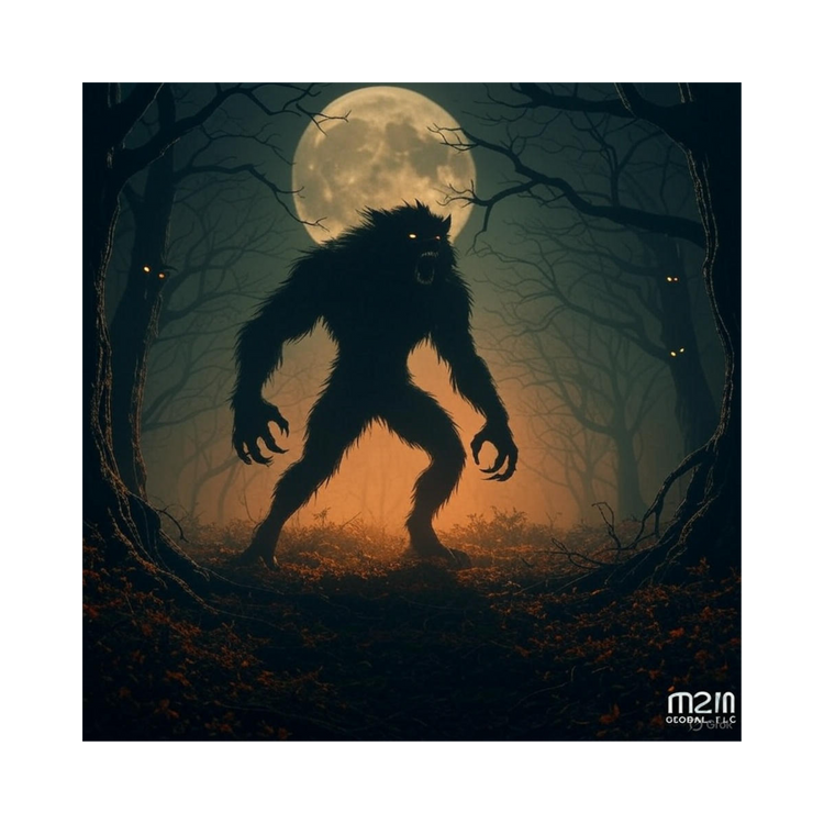 Eerie forest under a full moon with a howling werewolf silhouette, twisted trees, and glowing eyes, branded with M2M Global, LLC logo.
