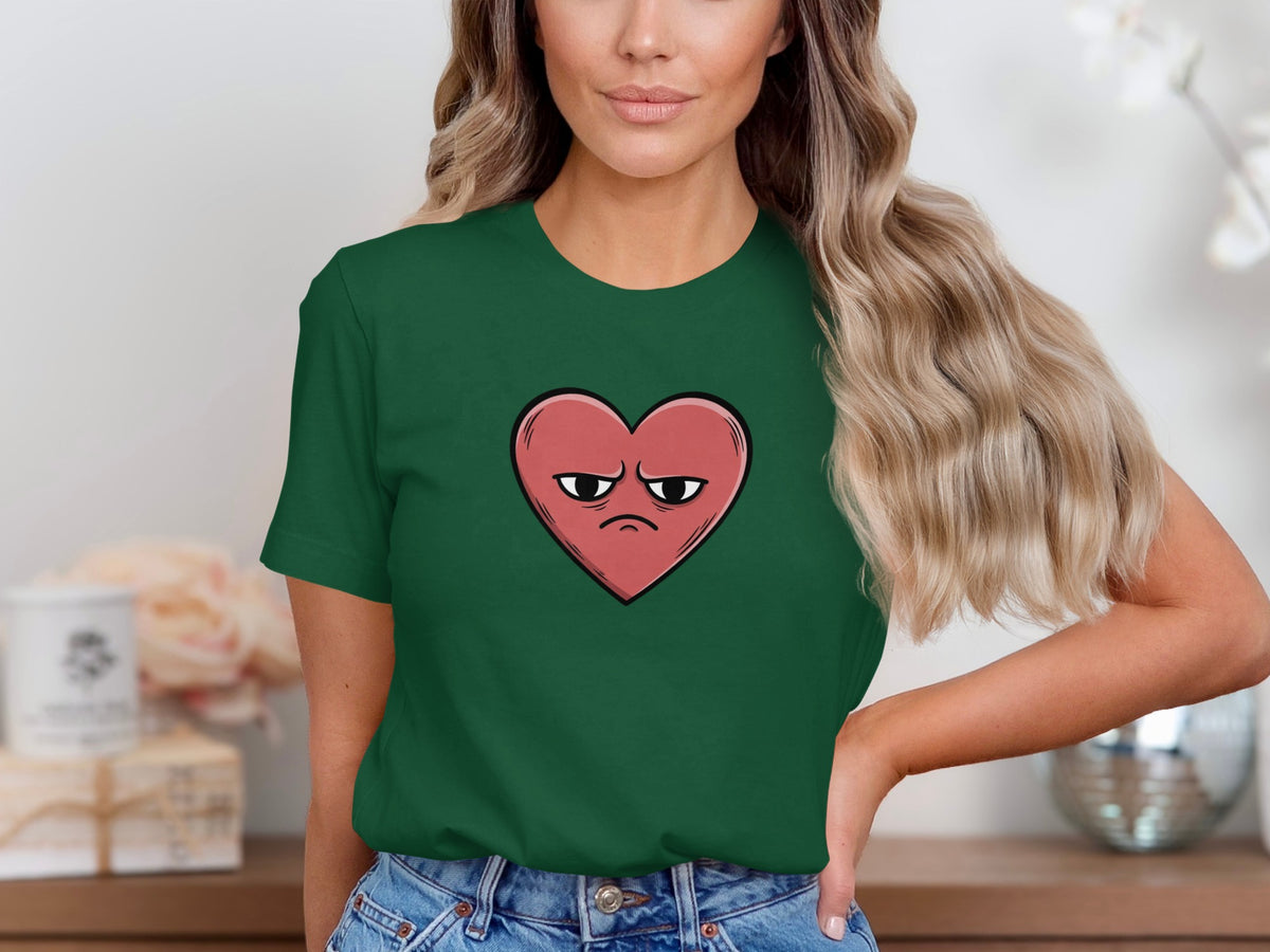 Grumpy Heart Face Graphic Design Green Shirt Product