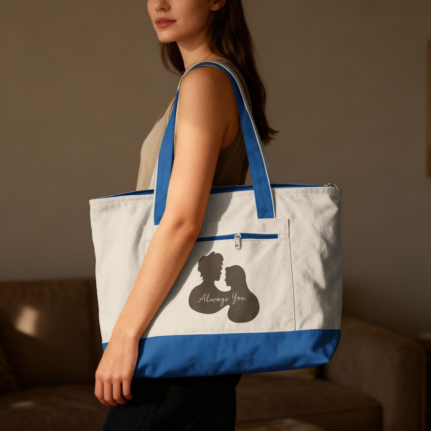 Always You Silhouette Image Blue and White Tote Bag