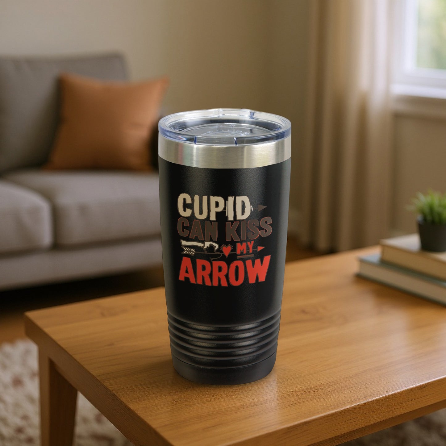 Cupid Can Kiss My Arrow Black Travel Tumbler