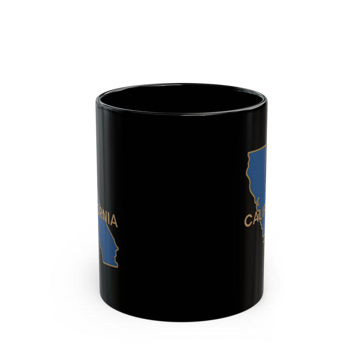 Black mug with California state outline and text.