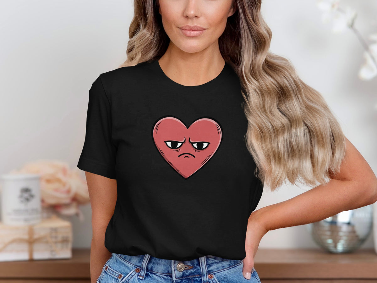 Grumpy Heart Graphic Design on Black T-Shirt