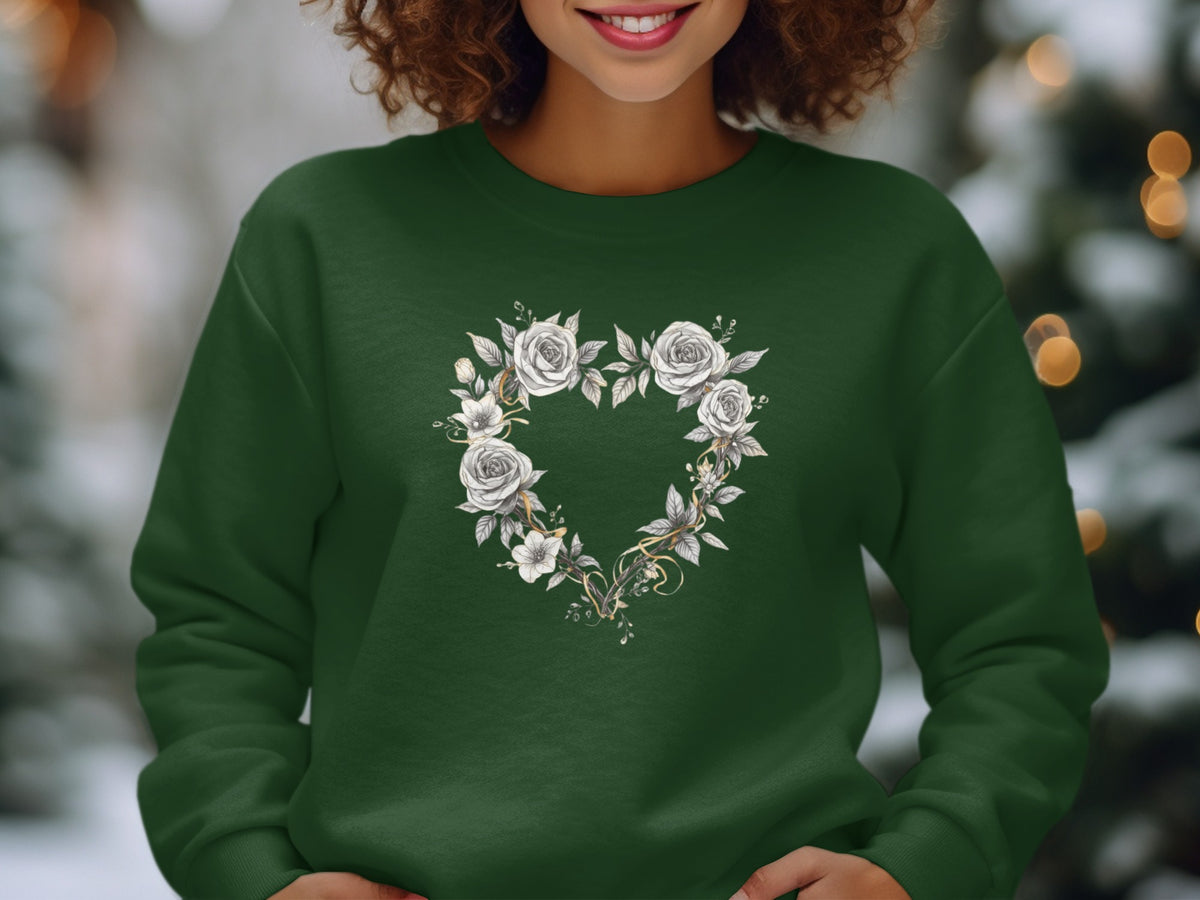 White Floral Heart Design on Green Sweatshirt