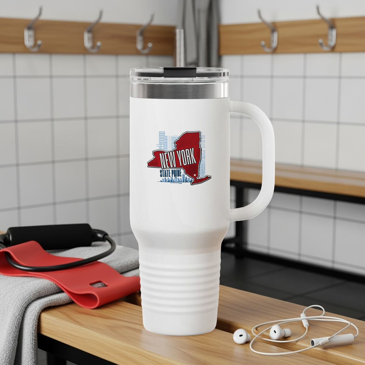 White tumbler with red New York State graphic and text.
