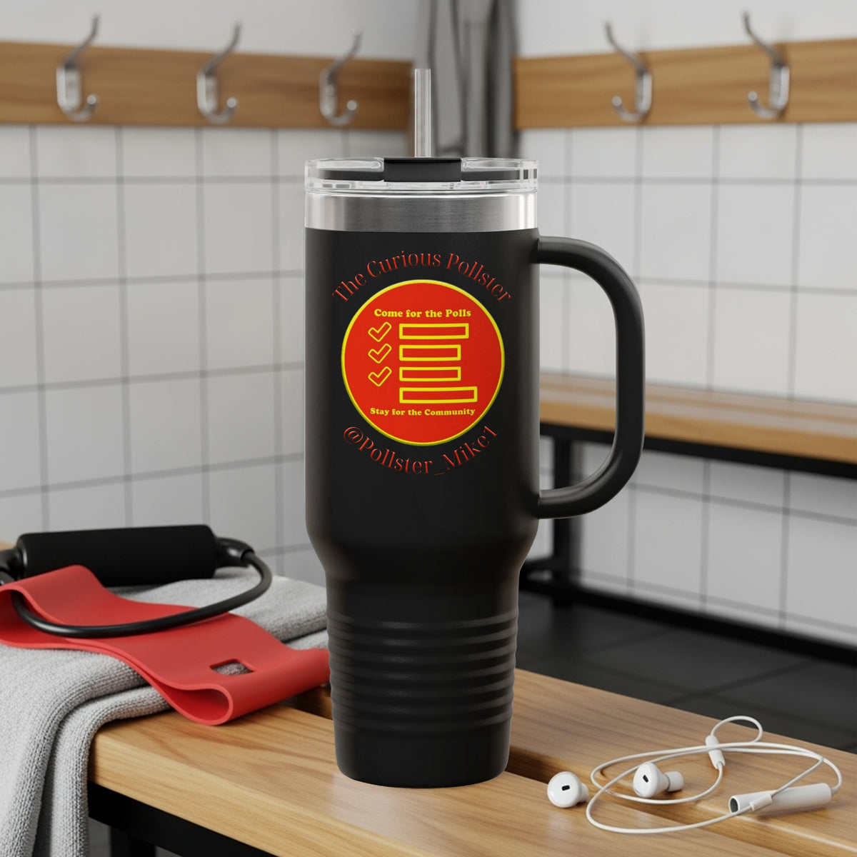 Black tumbler with "The Curious Pollster" logo and text.