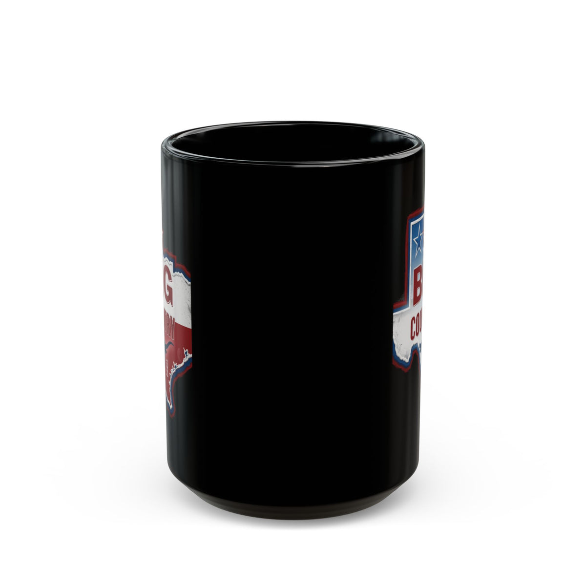 Black mug with Texas shape and "BIG COFFEE" text.