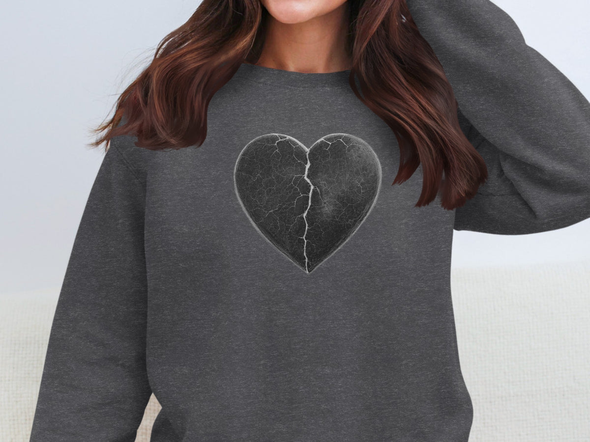 Cracked Heart Design on Charcoal Long Sleeve Shirt