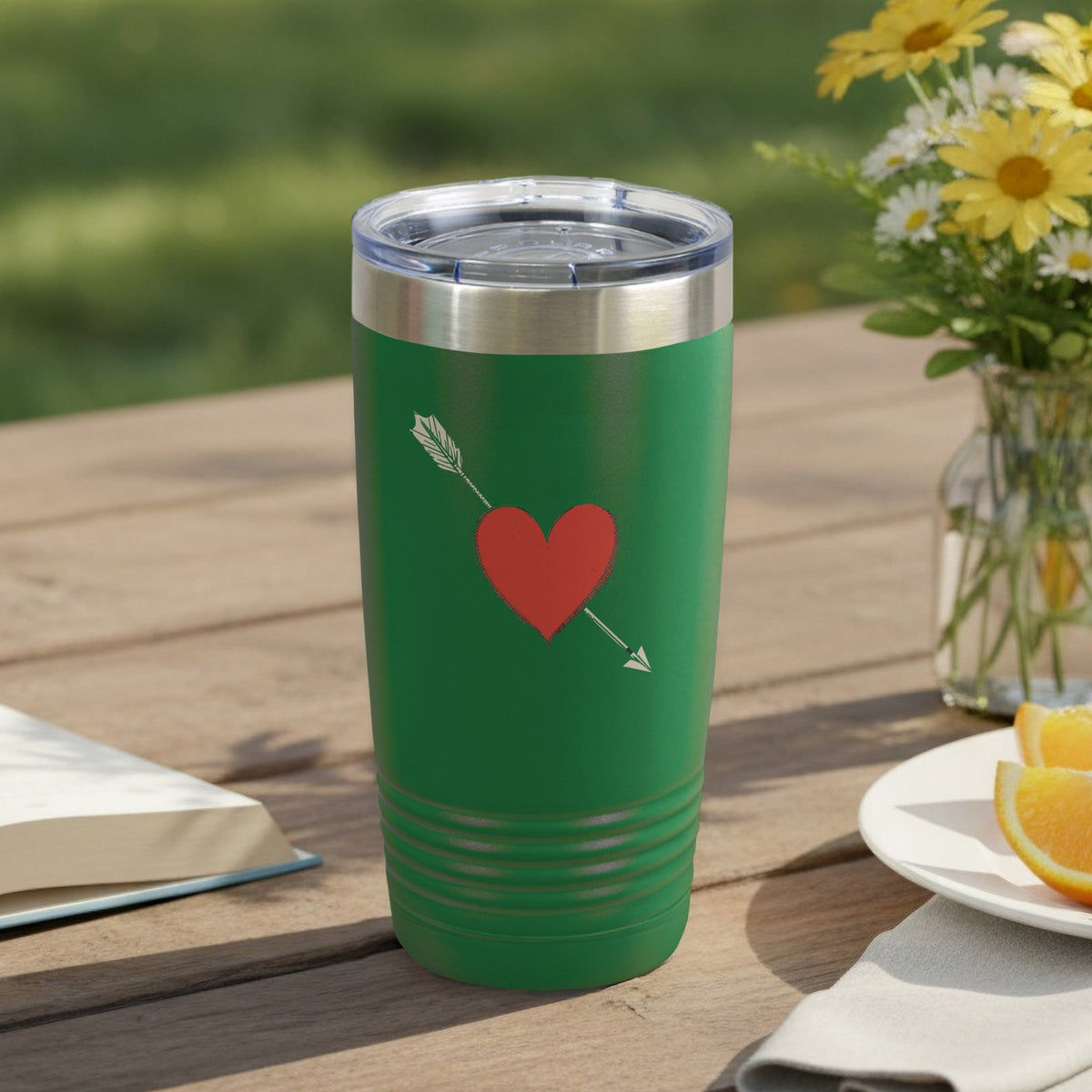 Green Tumbler with Heart and Arrow Print Drinkware