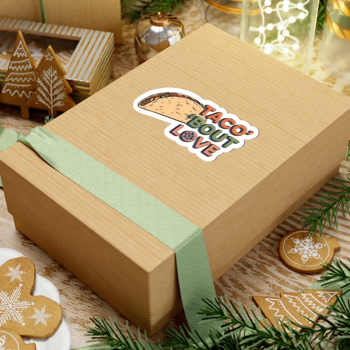 Taco 'Bout Love phrase with a Vintage & Retro design on Kiss-Cut Stickers