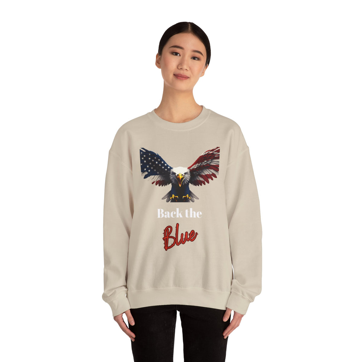 Back The Blue Patriotic Eagle text on a Crewneck Sweatshirt