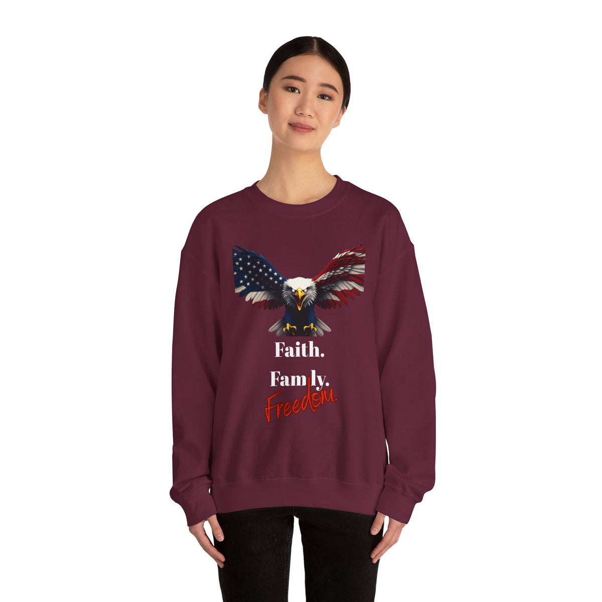 Faith. Family. Freedom Patriotic Eagle text on a Crewneck Sweatshirt