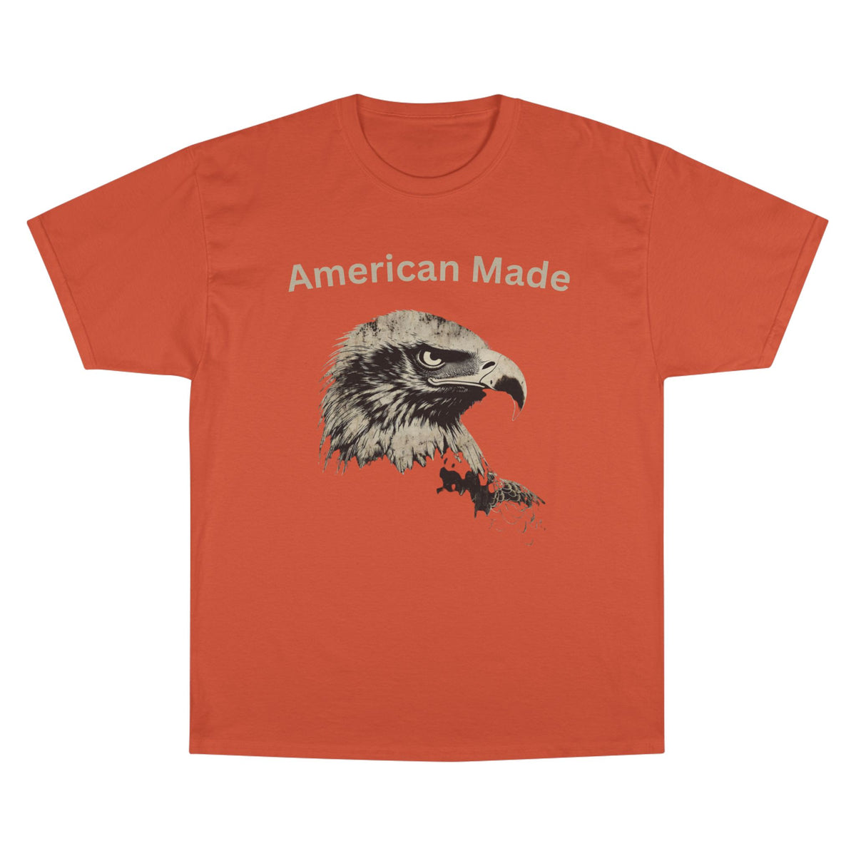 American Made text above an eagle head on a Champion Tee