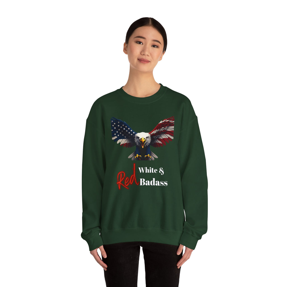 Red White & Badass Patriotic Eagle text on a Crewneck Sweatshirt