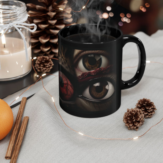 Black mug with eye design on a table with decorative items