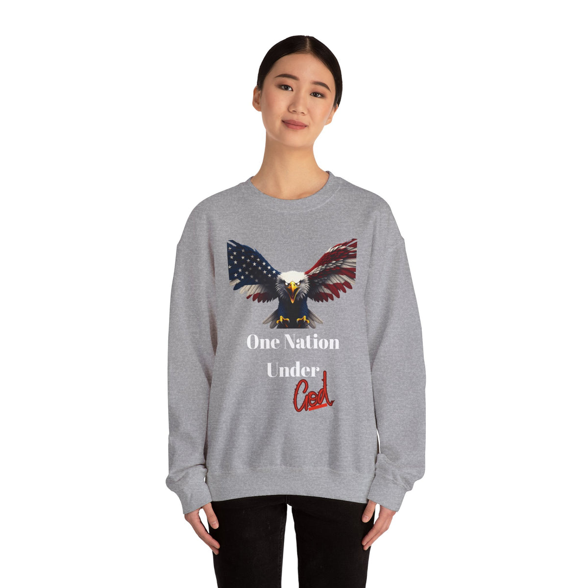 One Nation Under God Patriotic Eagle text on a Crewneck Sweatshirt