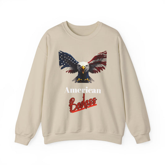 American Badass Patriotic Eagle text on a Crewneck Sweatshirt