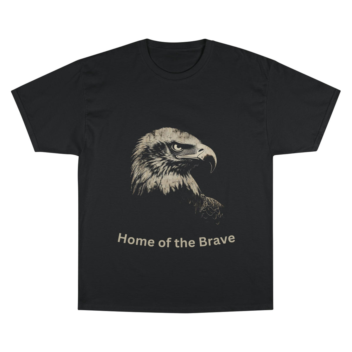 Home of the Brave text below an eagle head on a Champion Tee