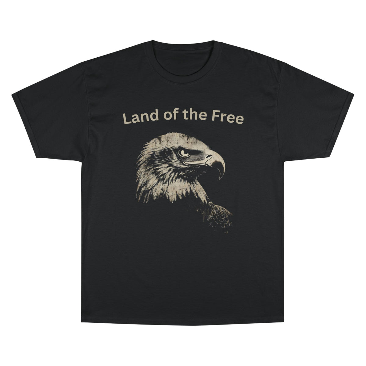 Land of the Free text above an eagle head on a Champion Tee