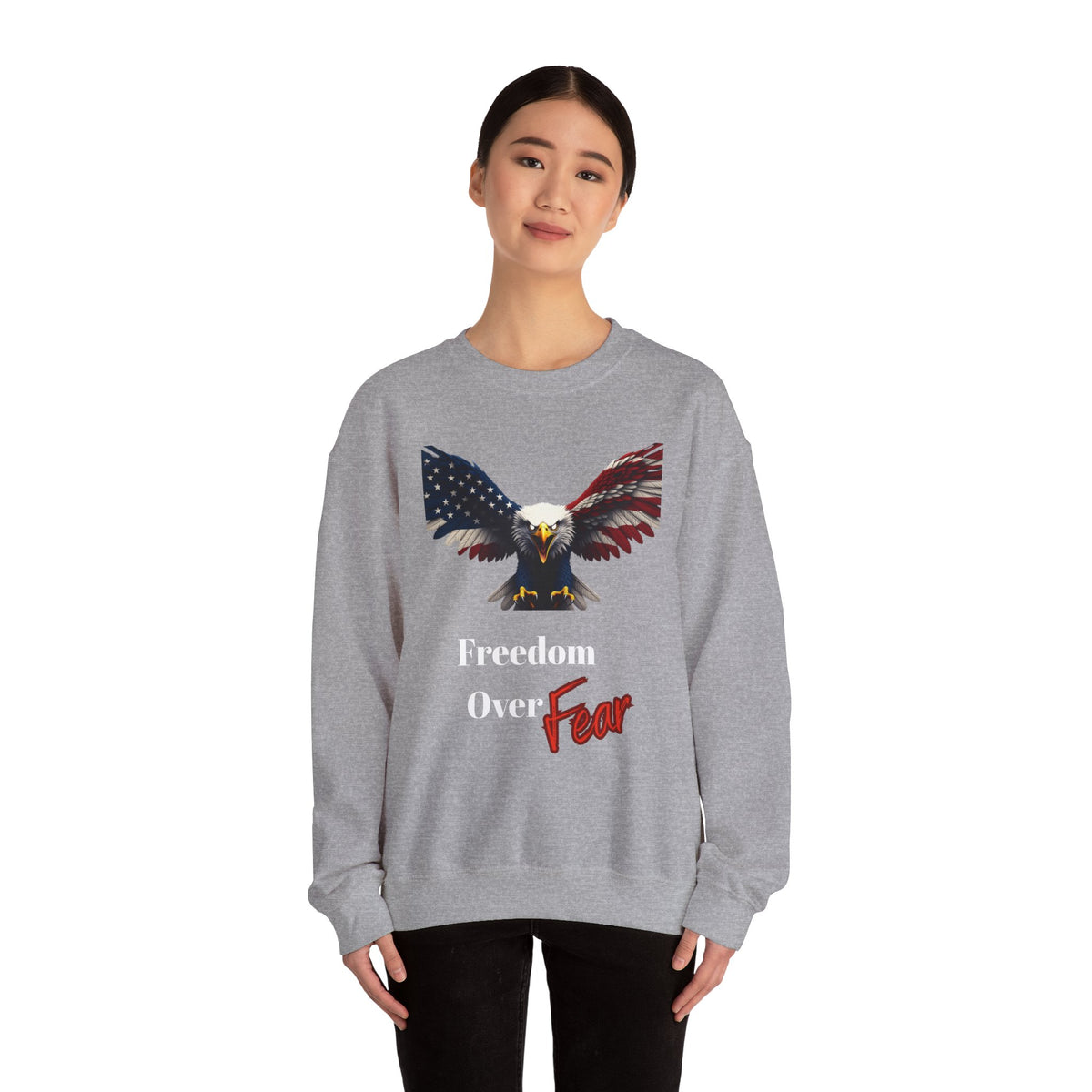 Freedom Over Fear Patriotic Eagle text on a Crewneck Sweatshirt