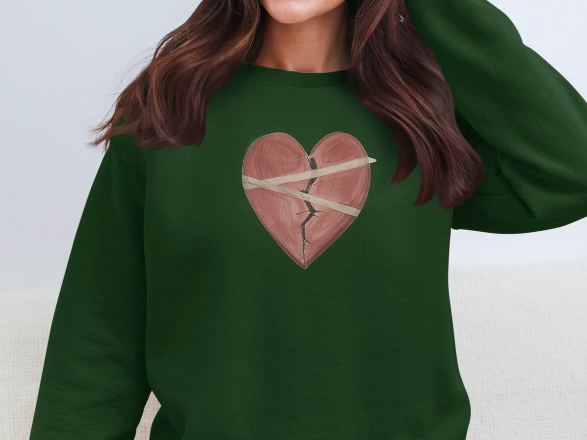 Broken Heart Design Artwork on Dark Green Sweatshirt