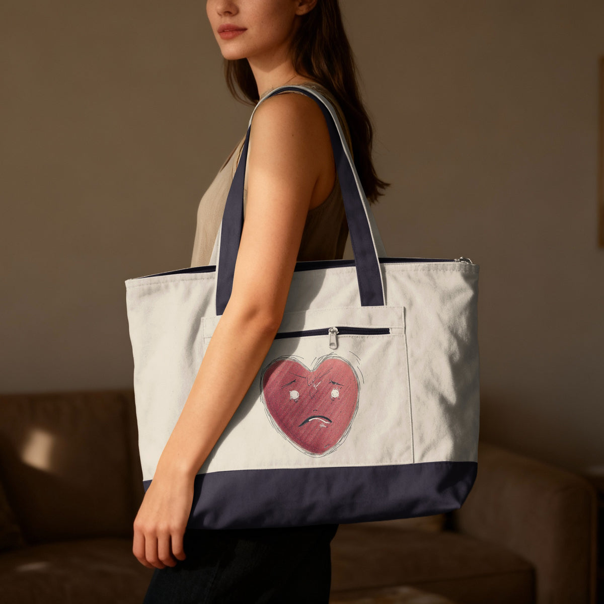 Sad Heart Graphic Large Tote Bag with Zipper Closure