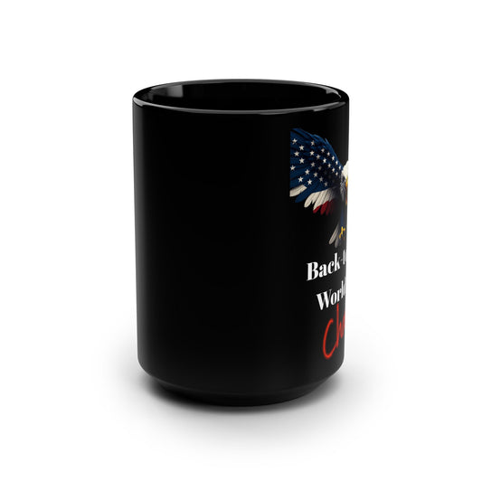 Patriotic Eagle Back-To-Back World War Champs on a Black Mug 15oz