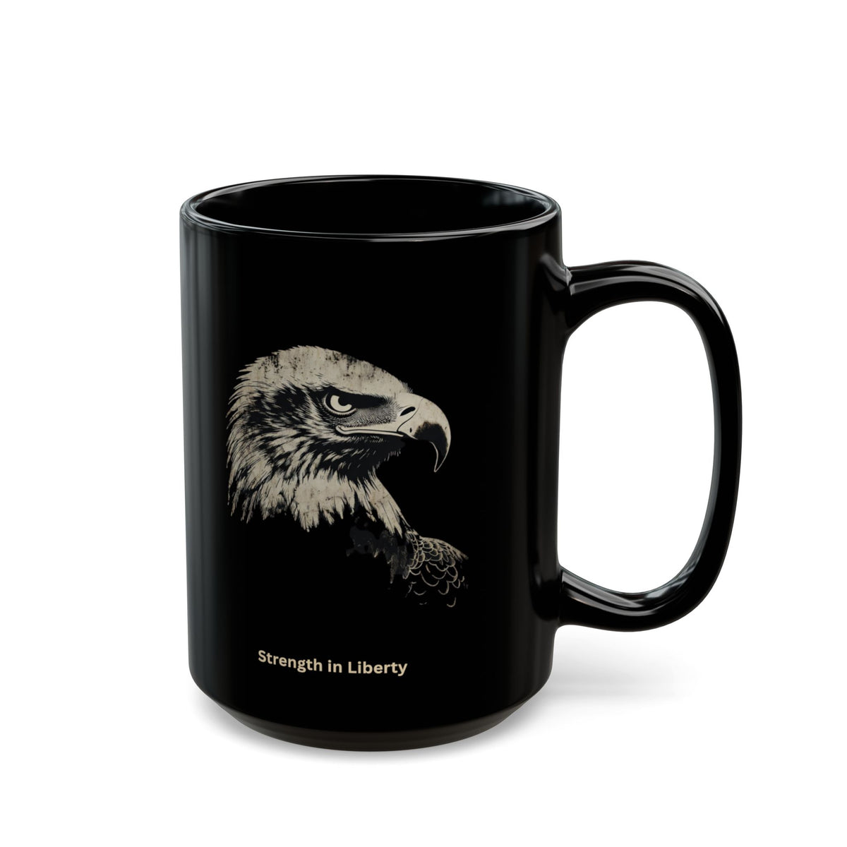 Black mug with eagle illustration and "Strength in Liberty" text.