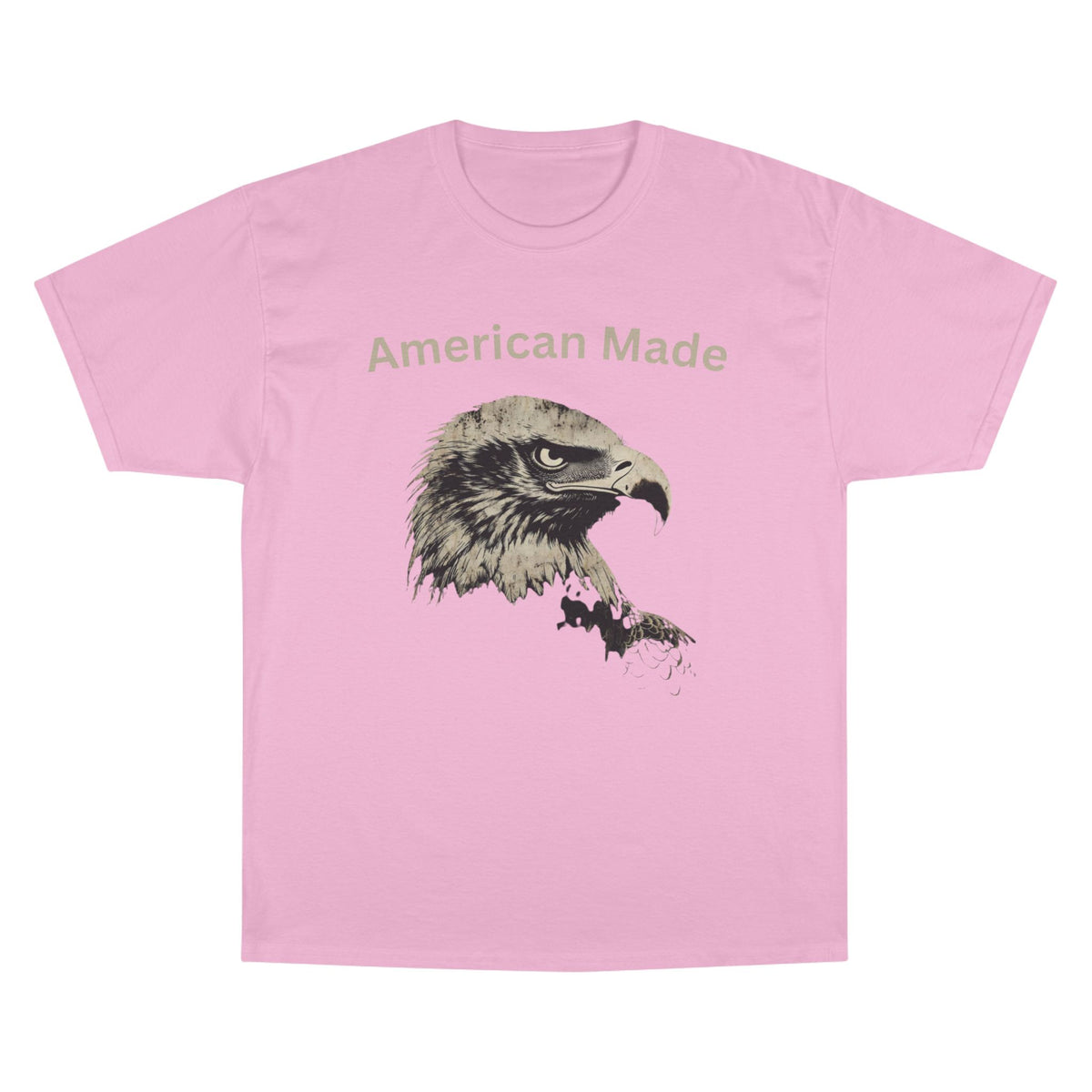 American Made text above an eagle head on a Champion Tee