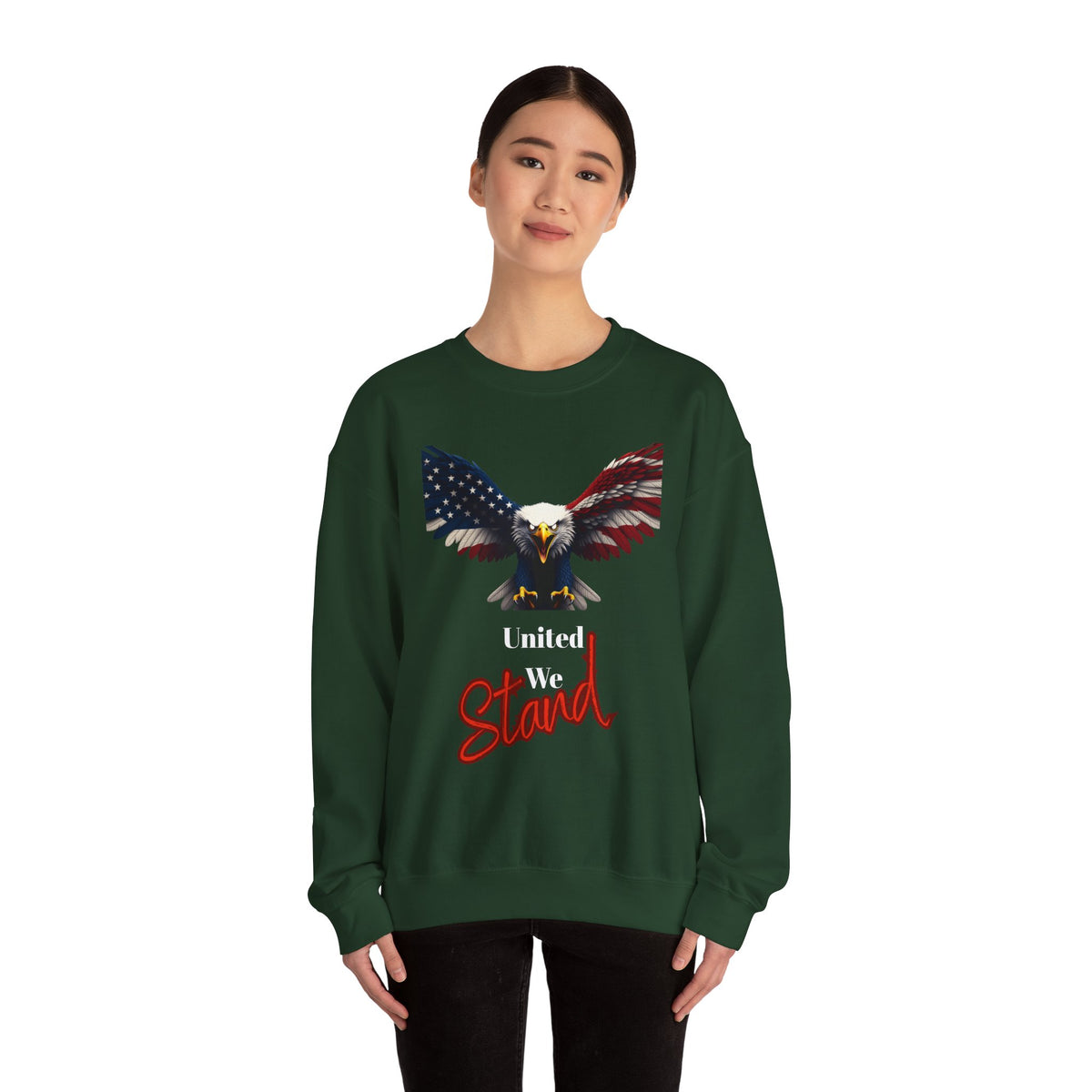 United We Stand Patriotic Eagle text on a Crewneck Sweatshirt