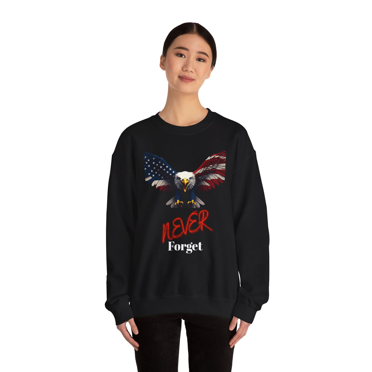 Never Forget Patriotic Eagle text on a Crewneck Sweatshirt