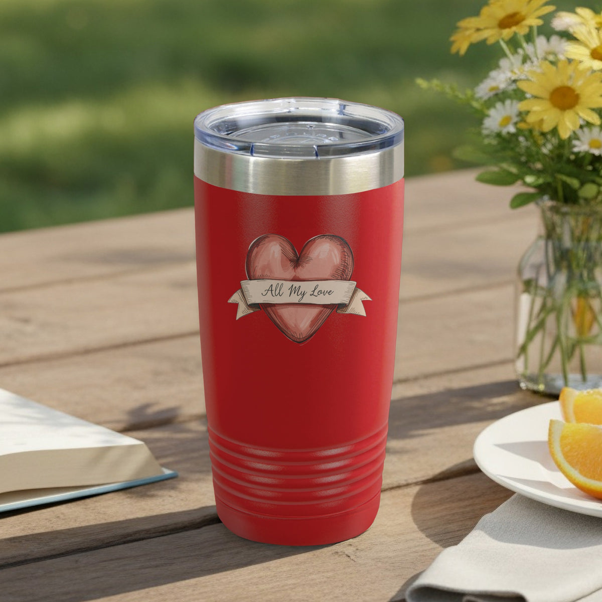 Red Tumbler with Heart Design and All My Love Text