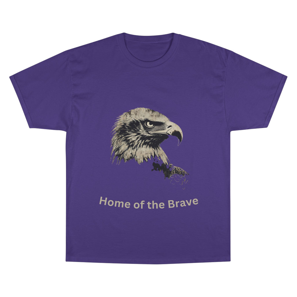 Home of the Brave text below an eagle head on a Champion Tee