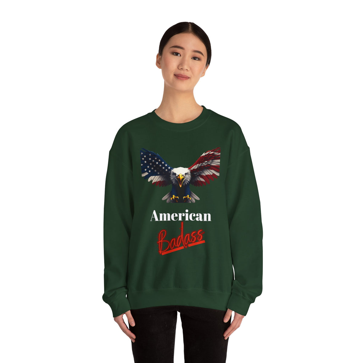 American Badass Patriotic Eagle text on a Crewneck Sweatshirt